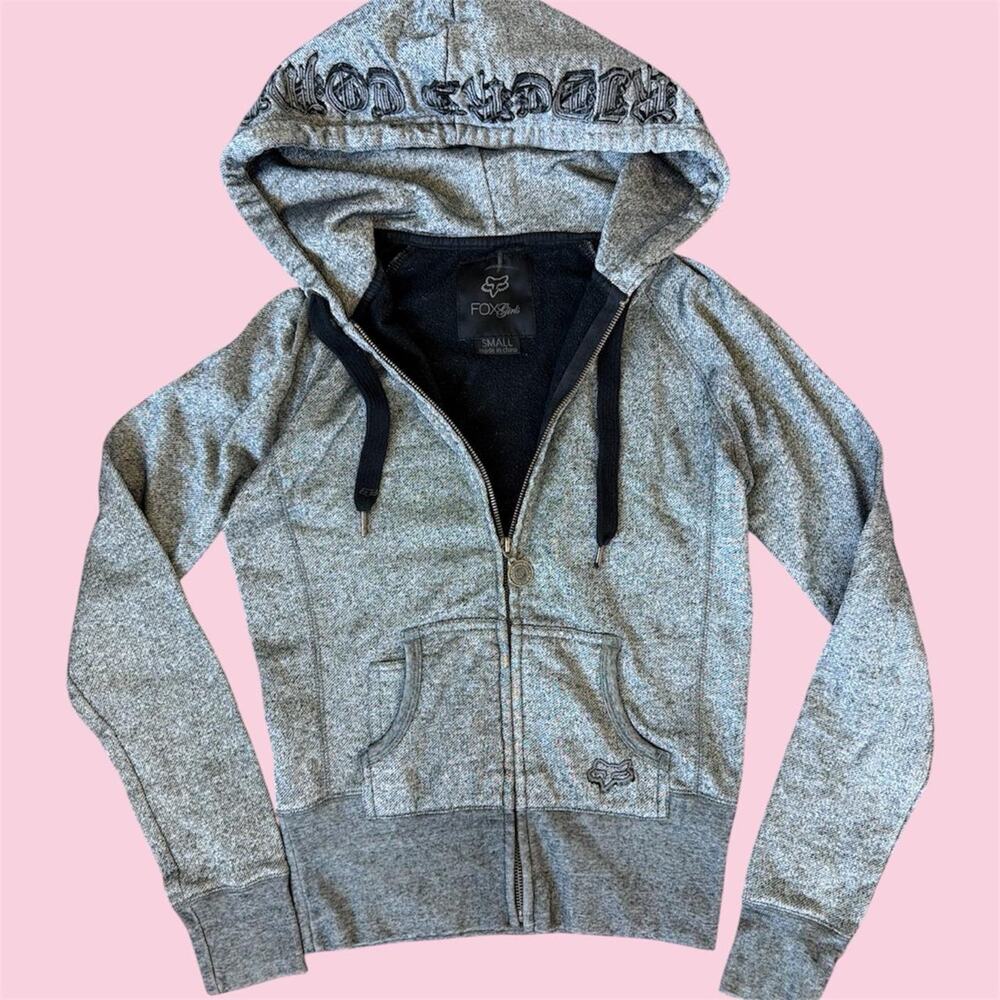 Gray Fox Racing women’s zip up hoodie with black embroidered text on the hood